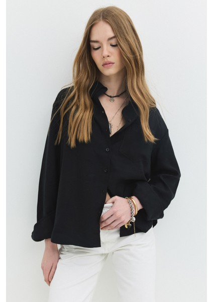Tencel Regular Fit Siyah Kadın Gömlek