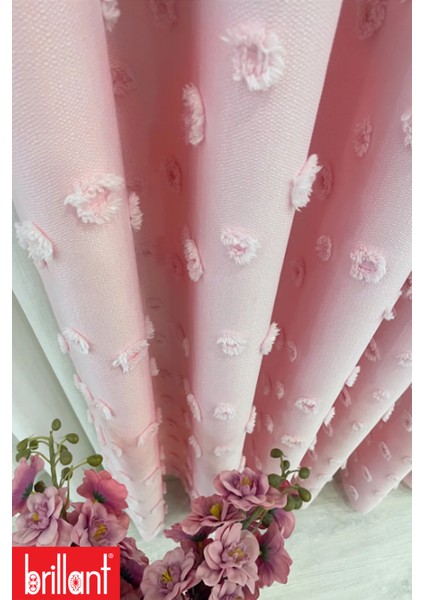 Fon Perde Şeker Pembe Pufy Brillant Püsküllü, Ponponlu, Saçaklı Fon Perde Sık Pileli Keten Pano Fon fiyatları