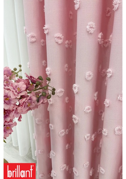 Fon Perde Şeker Pembe Pufy Brillant Püsküllü, Ponponlu, Saçaklı Fon Perde Sık Pileli Keten Pano Fon fırsatları