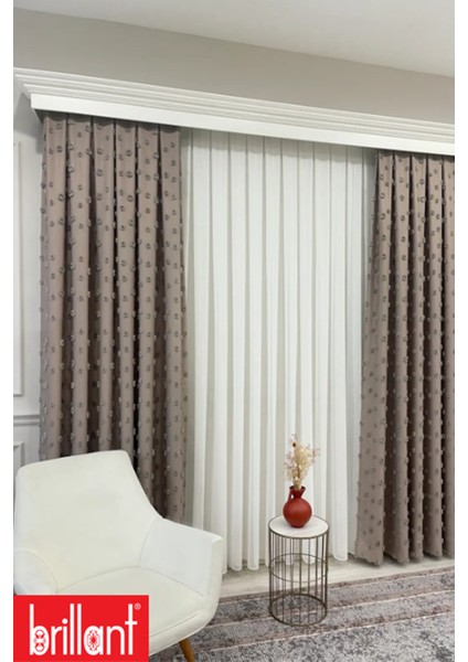 Fon Perde Vizon Pufy Brillant Püsküllü, Ponponlu, Saçaklı Fon Perde Sık Pileli Keten Pano Fon