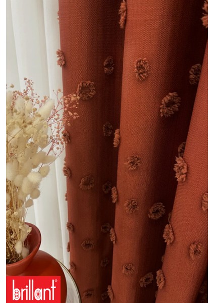 Fon Perde Kiremit Pufy Brillant Püsküllü, Ponponlu, Saçaklı Fon Perde Sık Pileli Keten Pano Fon modelleri