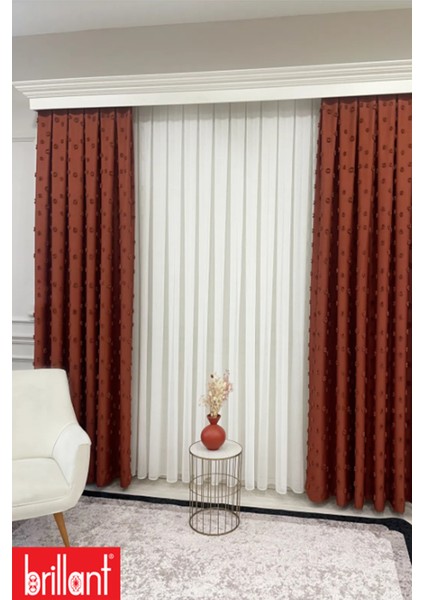 Fon Perde Kiremit Pufy Brillant Püsküllü, Ponponlu, Saçaklı Fon Perde Sık Pileli Keten Pano Fon