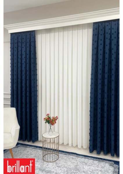 Fon Perde Lacivert Pufy Brillant Püsküllü, Ponponlu, Saçaklı Fon Perde Sık Pileli Keten Pano Fon modelleri