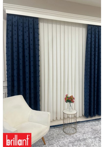 Fon Perde Lacivert Pufy Brillant Püsküllü, Ponponlu, Saçaklı Fon Perde Sık Pileli Keten Pano Fon indirimleri