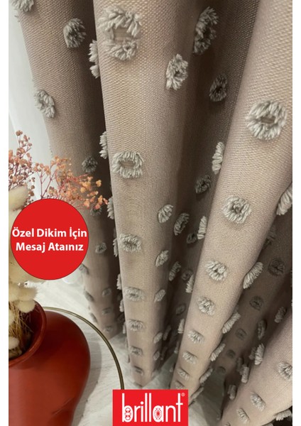 Fon Perde Vizon Pufy Brillant Püsküllü, Ponponlu, Saçaklı Fon Perde Sık Pileli Keten Pano Fon