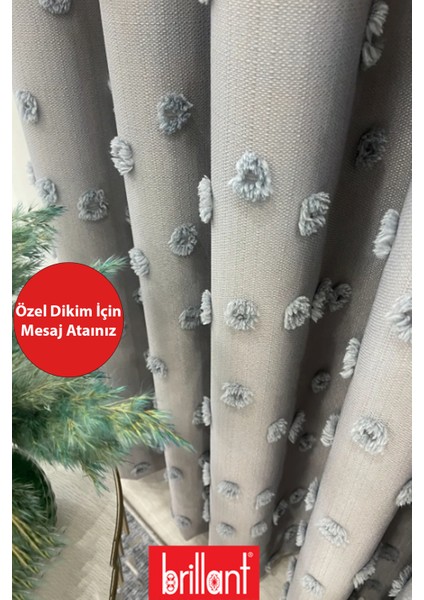 Fon Perde Gri Pufy Brillant Püsküllü, Ponponlu, Saçaklı Fon Perde Sık Pileli Keten Pano Fon