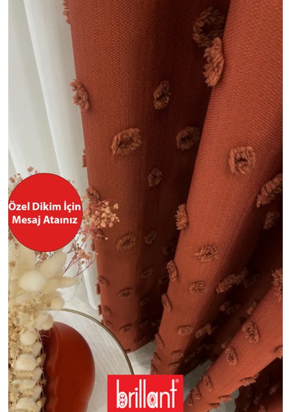 Fon Perde Kiremit Pufy Brillant Püsküllü, Ponponlu, Saçaklı Fon Perde Sık Pileli Keten Pano Fon