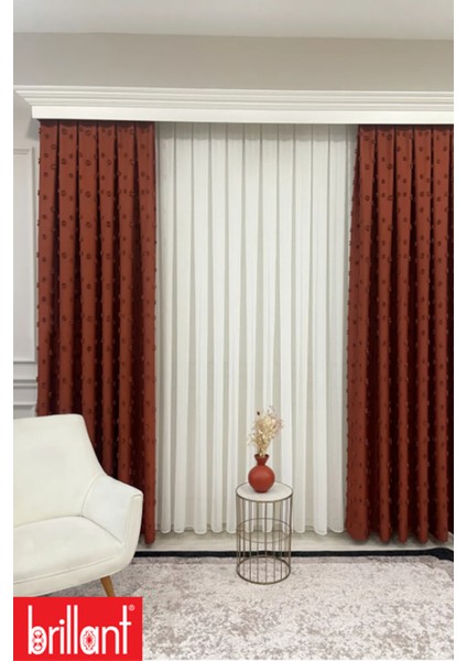 Fon Perde Kiremit Pufy Brillant Püsküllü, Ponponlu, Saçaklı Fon Perde Sık Pileli Keten Pano Fon indirimleri