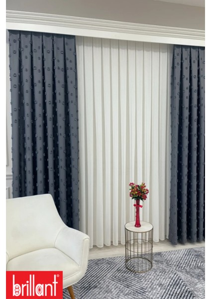 Fon Perde Koyu Gri Pufy Brillant Püsküllü, Ponponlu, Saçaklı Fon Perde Sık Pileli Keten Pano Fon fırsatları