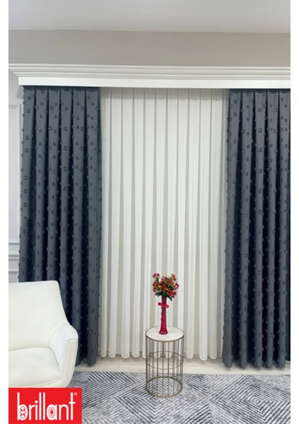 Fon Perde Koyu Gri Pufy Brillant Püsküllü, Ponponlu, Saçaklı Fon Perde Sık Pileli Keten Pano Fon indirimleri