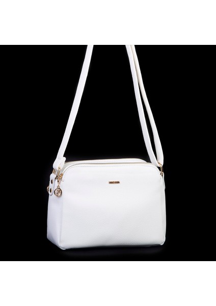 Kadın Çapraz Yumuşak Deri Çıtçıtlı Üç Bölmeli Çanta Beyaz Lopez