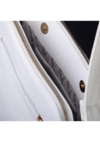 Kadın Çapraz Yumuşak Deri Çıtçıtlı Üç Bölmeli Çanta Beyaz Lopez fırsatları