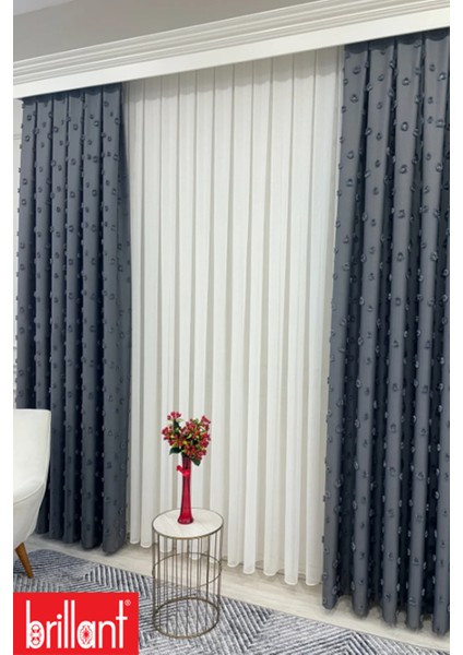 Fon Perde Koyu Gri Pufy Brillant Püsküllü, Ponponlu, Saçaklı Fon Perde Sık Pileli Keten Pano Fon modelleri