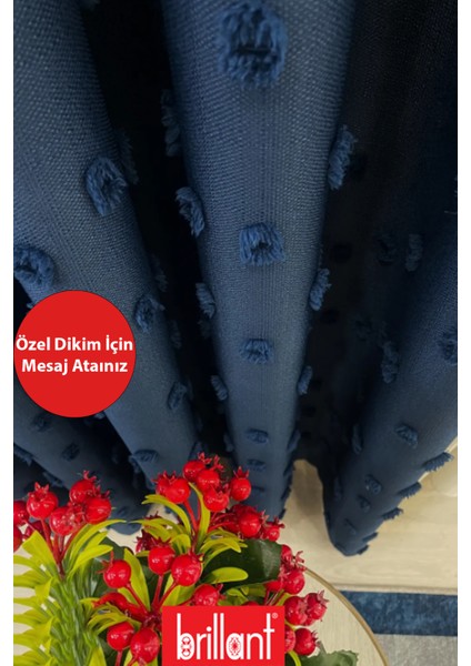 Fon Perde Lacivert Pufy Brillant Püsküllü, Ponponlu, Saçaklı Fon Perde Sık Pileli Keten Pano Fon