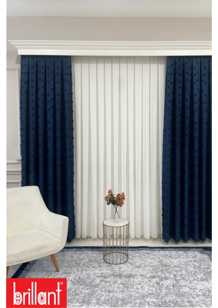 Fon Perde Lacivert Pufy Brillant Püsküllü, Ponponlu, Saçaklı Fon Perde Sık Pileli Keten Pano Fon fırsatları