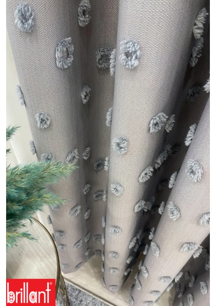 Fon Perde Gri Pufy Brillant Püsküllü, Ponponlu, Saçaklı Fon Perde Sık Pileli Keten Pano Fon modelleri