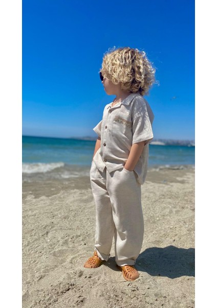 Cebi Nakışlı Gömlek Pantolon Keten Takım 2-7 Yaş Naturel