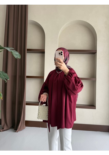 Yaka Bağlamalı Tesettür Gömlek Fiyonklu