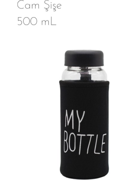 Şeffaf Cam Su Şişesi 500 ml Siyah Kapaklı, ve şık tasarım