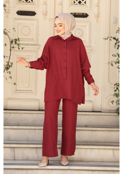 Düğmeli Bordo Tesettür Ikili Takım 67751BR