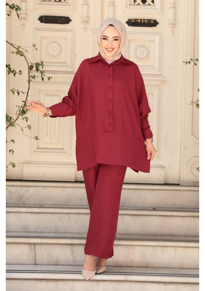 Düğmeli Bordo Tesettür Ikili Takım 67751BR fiyatları