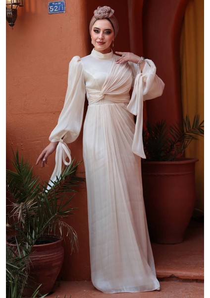 Drape Detaylı Krem Tesettür Abiye Elbise 52285KR fiyatları