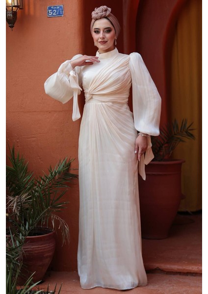 Drape Detaylı Krem Tesettür Abiye Elbise 52285KR modelleri