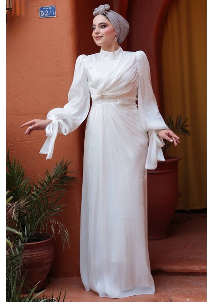 Drape Detaylı Beyaz Tesettür Abiye Elbise 52285B