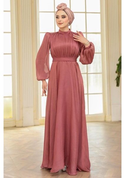 Drape Detaylı Gül Kurusu Tesettür Abiye Elbise 51072GK fiyatları
