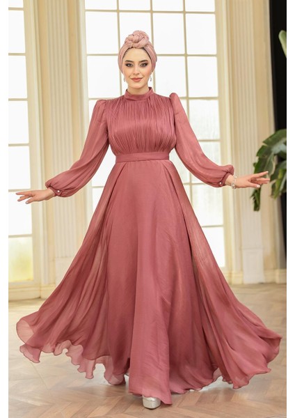 Drape Detaylı Gül Kurusu Tesettür Abiye Elbise 51072GK modelleri