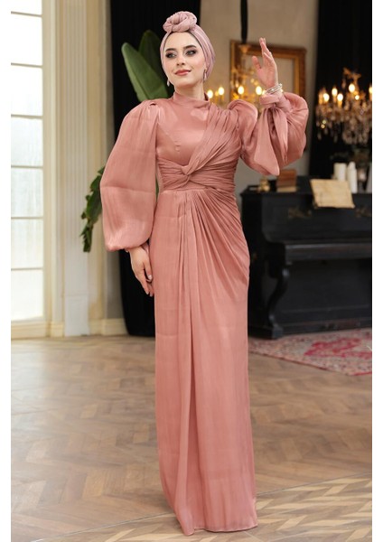 Drape Detaylı Pudra Tesettür Abiye Elbise 52285PD