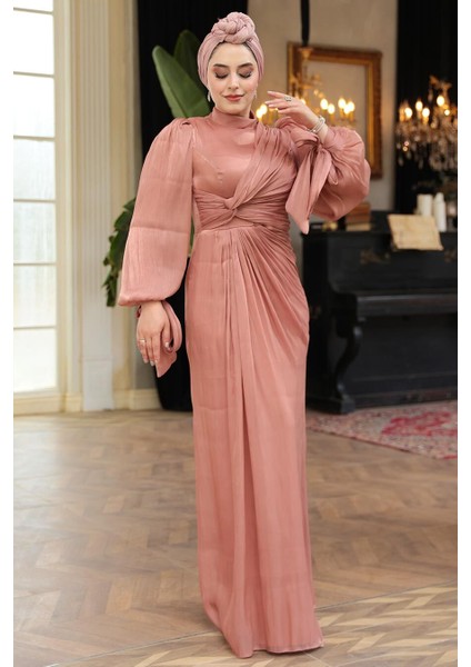 Drape Detaylı Pudra Tesettür Abiye Elbise 52285PD modelleri