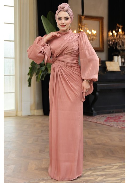Drape Detaylı Pudra Tesettür Abiye Elbise 52285PD fırsatları