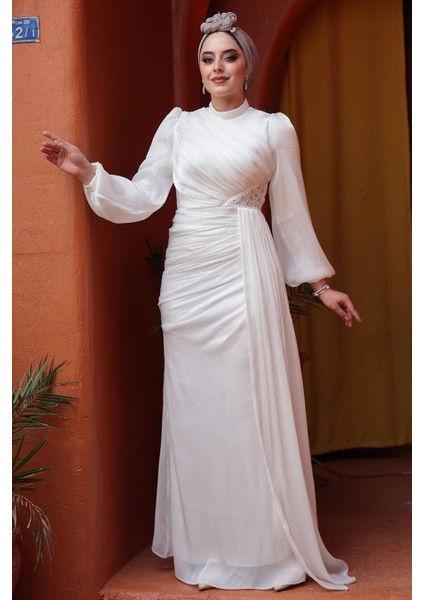 Drape Detaylı Beyaz Tesettür Abiye Elbise 52585B