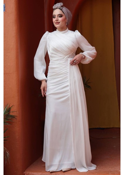 Drape Detaylı Beyaz Tesettür Abiye Elbise 52585B fiyatları
