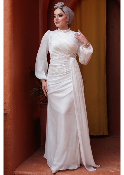 Drape Detaylı Beyaz Tesettür Abiye Elbise 52585B modelleri