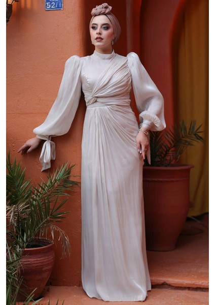 Drape Detaylı Taş Tesettür Abiye Elbise 52285TAS