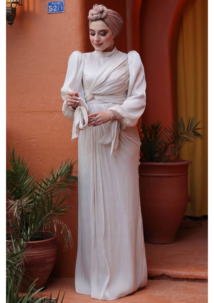 Drape Detaylı Taş Tesettür Abiye Elbise 52285TAS
