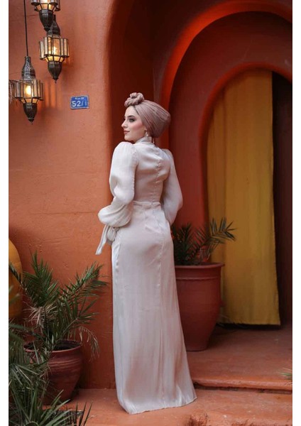 Drape Detaylı Taş Tesettür Abiye Elbise 52285TAS
