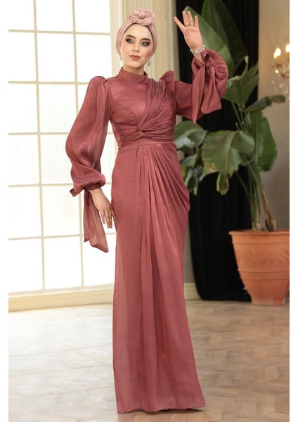 - Drape Detaylı Gül Kurusu Tesettür Abiye Elbise 52285GK