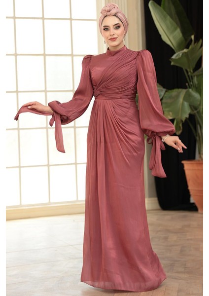 - Drape Detaylı Gül Kurusu Tesettür Abiye Elbise 52285GK fiyatları