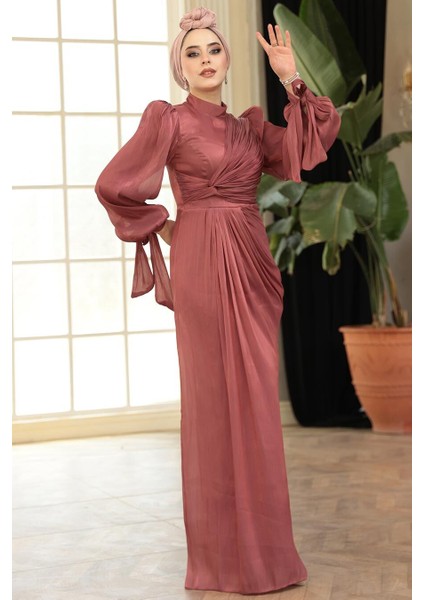 - Drape Detaylı Gül Kurusu Tesettür Abiye Elbise 52285GK modelleri