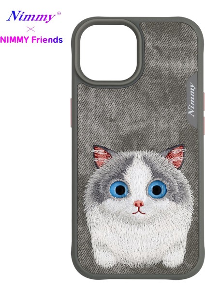 iPhone 15 Pro Uyumlu 3D Göz Gray Kedi Detaylı Gerçek Nakış İşlemeli Kabartmalı Big Eyes Kılıf