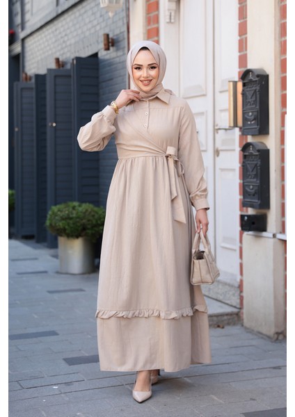 Bağlama Detaylı Bej Tesettür Elbise 6205BEJ