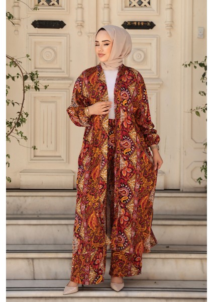 Desenli Turuncu Tesettür Ikili Kimono Takım 12885T fiyatları