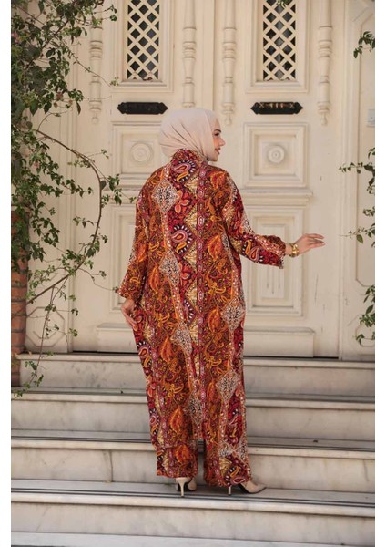 Desenli Turuncu Tesettür Ikili Kimono Takım 12885T fırsatları