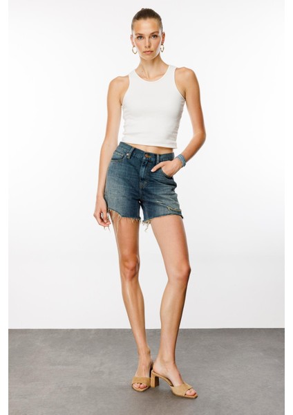 Deborah Straight Fit Orta Indigo Kadın Jean Şort