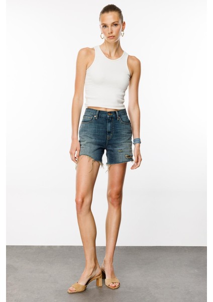 Deborah Straight Fit Orta Indigo Kadın Jean Şort