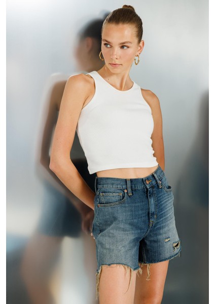 Deborah Straight Fit Orta Indigo Kadın Jean Şort