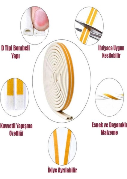 Yapışkanlı 5x2=10 Metre (Beyaz) Kapı Pencere Bandı Fitili Soğuk Izolasyon Kauçuk Bantları fiyatları